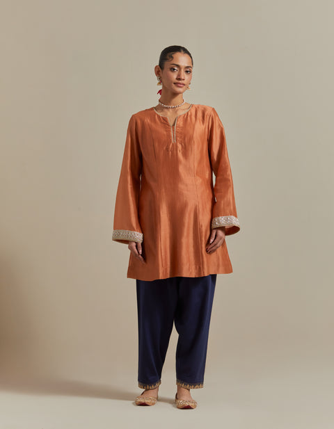 Saffron Brown Kurta with Blue Salwar and Dupatta in Chanderi Handloom (Set of 3)