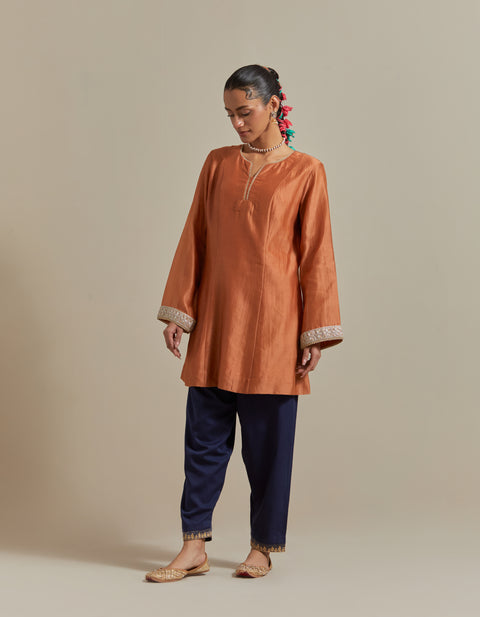 Saffron Brown Kurta with Blue Salwar and Dupatta in Chanderi Handloom (Set of 3)