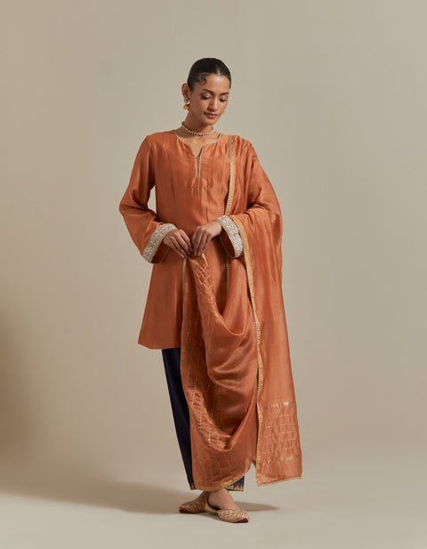 Saffron Brown Kurta with Blue Salwar and Dupatta in Chanderi Handloom (Set of 3)