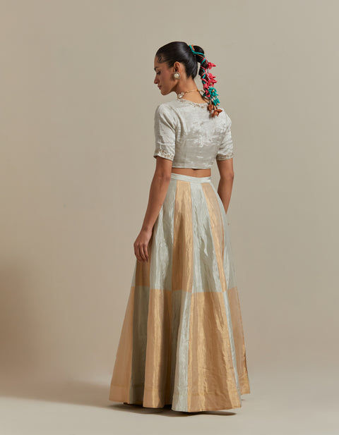 Silver & Gold Lehenga in Handwoven Zari Silk