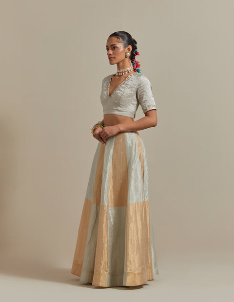 Silver & Gold Lehenga in Handwoven Zari Silk