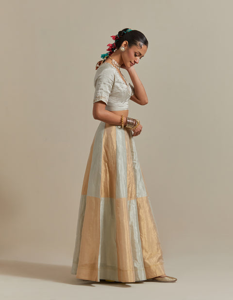 Silver & Gold Lehenga in Handwoven Zari Silk