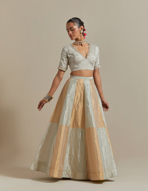 Silver & Gold Lehenga in Handwoven Zari Silk