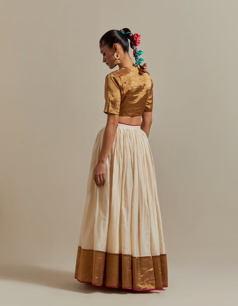 Handcraft Ivory Stripe Chanderi Skirt with Gold Zari Blouse & Embroidered Dupatta – Vinusto

