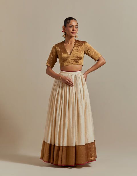 Buy Ivory Stripe Chanderi Skirt with Gold Zari Blouse & Embroidered Dupatta – Vinusto

