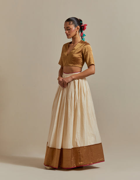 Luxury Ivory Stripe Chanderi Skirt with Gold Zari Blouse & Embroidered Dupatta – Vinusto

