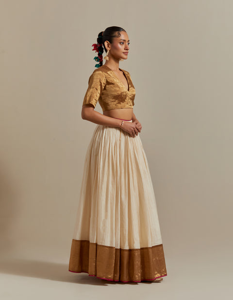 Premium Ivory Stripe Chanderi Skirt with Gold Zari Blouse & Embroidered Dupatta – Vinusto

