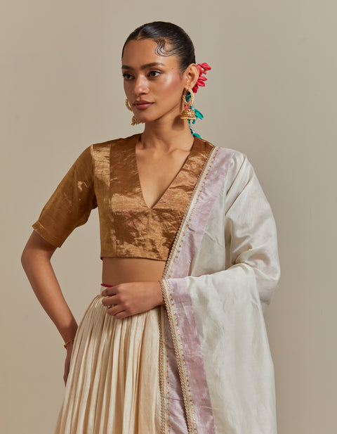 Order Ivory Stripe Chanderi Skirt with Gold Zari Blouse & Embroidered Dupatta – Vinusto

