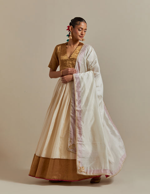 Shop Ivory Stripe Chanderi Skirt with Gold Zari Blouse & Embroidered Dupatta – Vinusto

