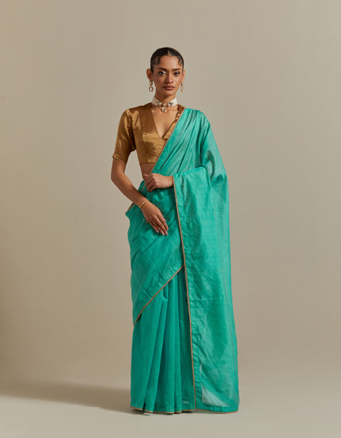 Shop Aqua Striped Chanderi Saree with Gold Zari Blouse Set of 2 | Vinusto