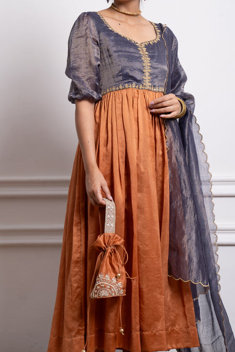 Blue & Saffron Brown Embroidered Anarkali with Cotton Glaze Churidar (Set of 2)