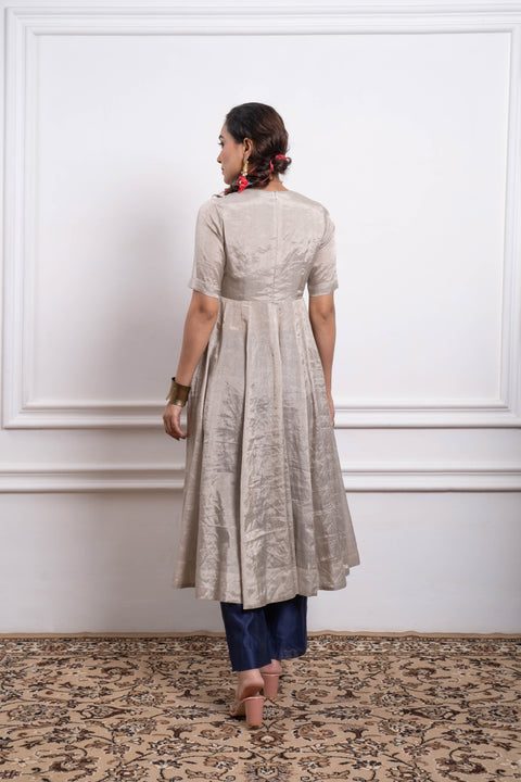 Order Luxurious Silver Zari Anarkali Kurta with Blue Chanderi Pants Set By Vinusto