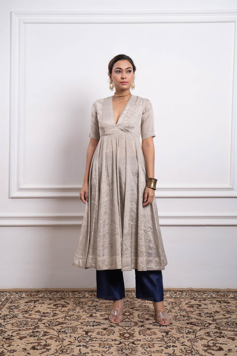 Shop Luxurious Silver Zari Anarkali Kurta with Blue Chanderi Pants Set By Vinusto