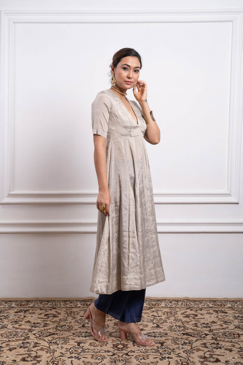 Buy Luxurious Silver Zari Anarkali Kurta with Blue Chanderi Pants Set By Vinusto