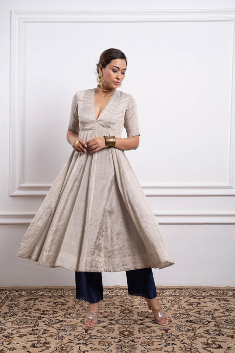 Luxurious Silver Zari Anarkali Kurta with Blue Chanderi Pants Set By Vinusto