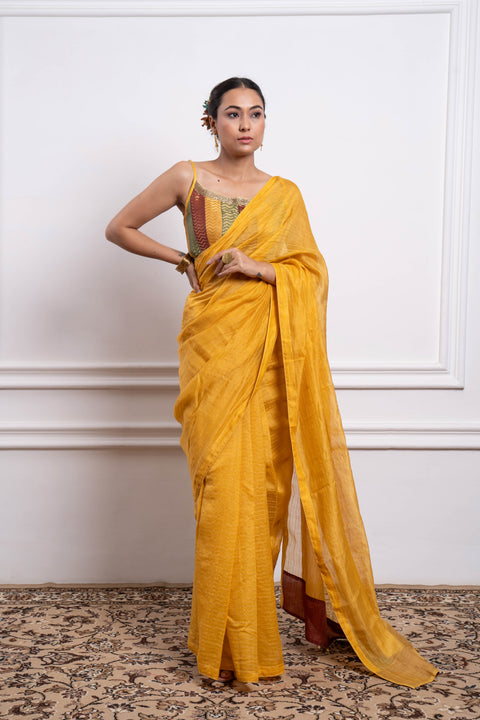 Buy Multicolor Blouse With Yellow Striped Saree In Chanderi Handloom (Set Of 2) - By Vinusto