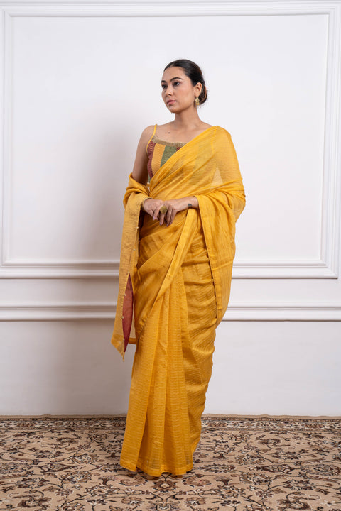 Shop Multicolor Blouse With Yellow Striped Saree In Chanderi Handloom (Set Of 2)at Best Price online - By Vinusto