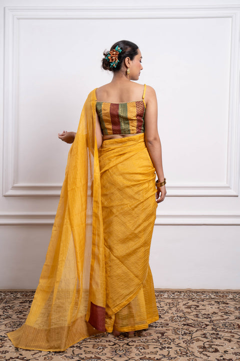 Best Multicolor Blouse With Yellow Striped Saree In Chanderi Handloom (Set Of 2) - By Vinusto