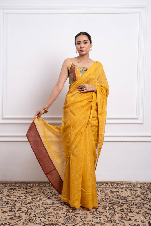 Order Multicolor Blouse With Yellow Striped Saree In Chanderi Handloom (Set Of 2) - By Vinusto