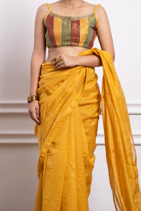 Designer Multicolor Blouse With Yellow Striped Saree In Chanderi Handloom (Set Of 2) - By Vinusto