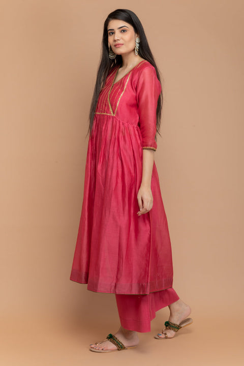 Order Chanderi Embroidered Kurta, Cotton Pants In Fuchsia by Vinusto