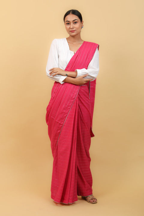 Buy Pink Saree with Gota Details & Silver Stripes | Elegant Cotton Saree for Special Occasions

