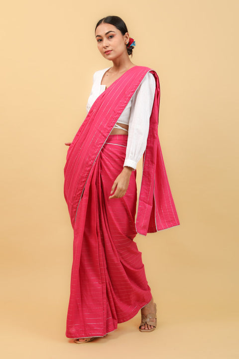 Shop Pink Saree with Gota Details & Silver Stripes | Elegant Cotton Saree for Special Occasions

