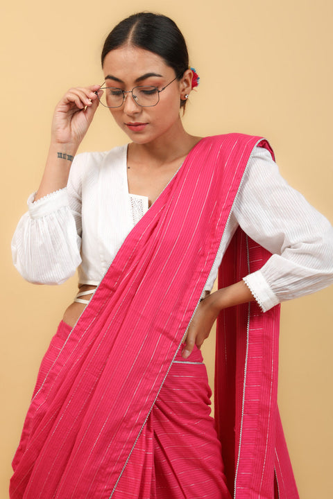 Order Pink Saree with Gota Details & Silver Stripes | Elegant Cotton Saree for Special Occasions

