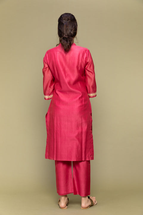 Handcraft Fuchsia Pink Chanderi Handloom Straight Fit Kurta & Pants - Set of 2

