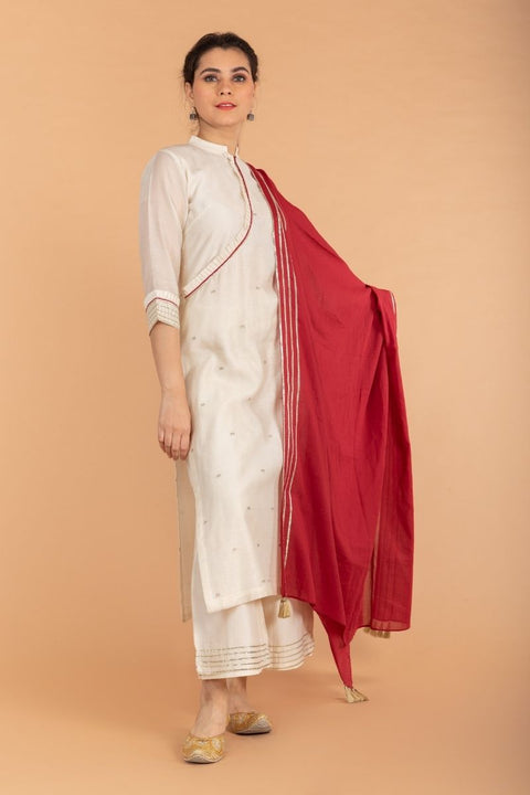 Premium Chanderi Kurta & Palazzo in Off-White & Maroon with Cotton Dupatta & Gota Work - Set of 3 | Vinusto

