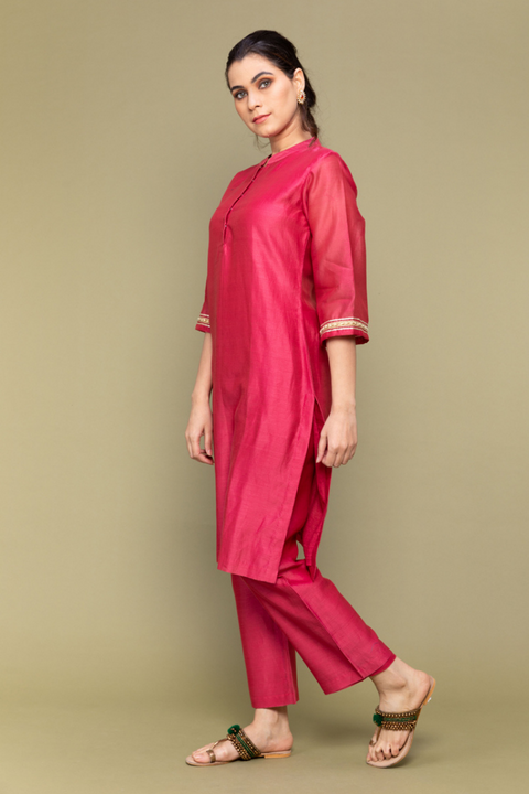 Order Fuchsia Pink Chanderi Handloom Straight Fit Kurta & Pants - Set of 2

