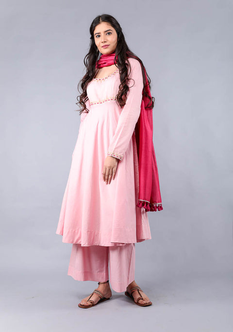 Buy Embroidered Anarkali Kurta and Palazzo in Blush Pink Cotton (Set of 2) by Vinusto 