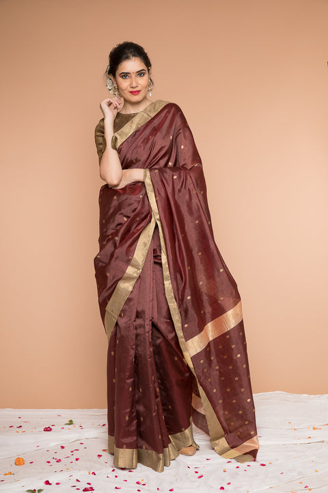 Buy Handwoven Silk Saree in Coffee & Maroon - Vinusto

