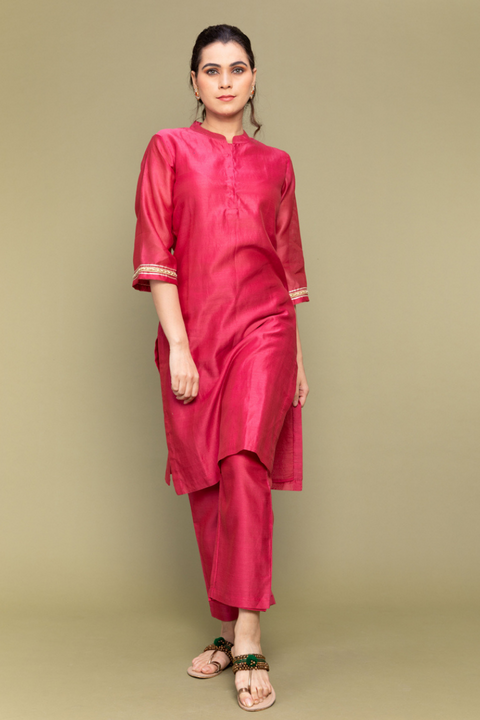 Buy Fuchsia Pink Chanderi Handloom Straight Fit Kurta & Pants - Set of 2