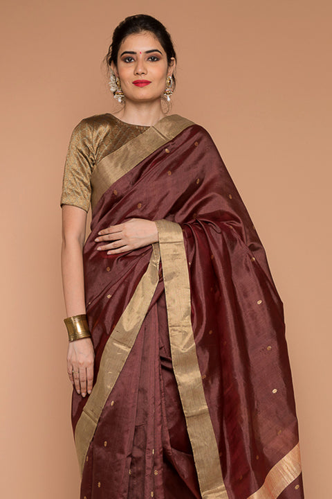 Luxury Handwoven Silk Saree in Coffee & Maroon - Vinusto

