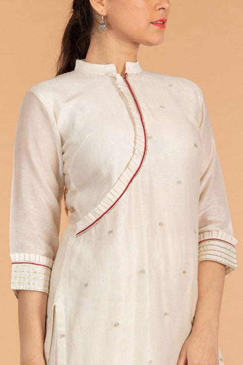 Buy Chanderi Kurta & Palazzo in Off-White & Maroon with Cotton Dupatta & Gota Work - Set of 3 | Vinusto

