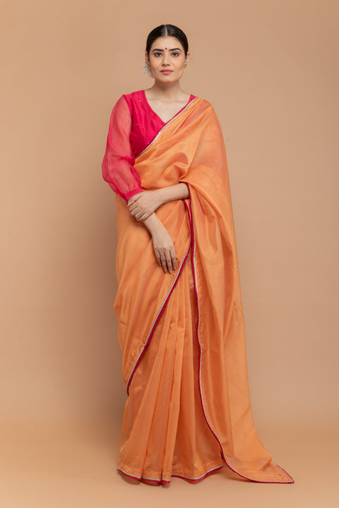 Shop Chanderi Handloom Saree in Tangerine Orange with Pink Fringe & Gold Lace

