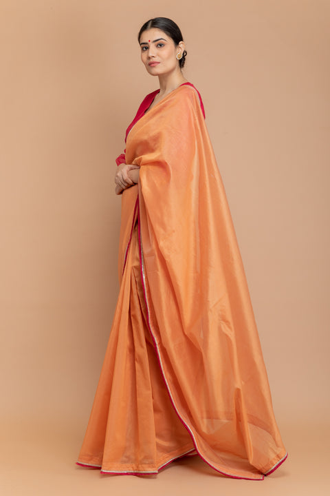 Buy Chanderi Handloom Saree in Tangerine Orange with Pink Fringe & Gold Lace

