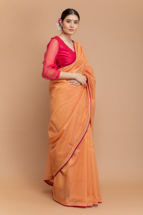 Order Chanderi Handloom Saree in Tangerine Orange with Pink Fringe & Gold Lace

