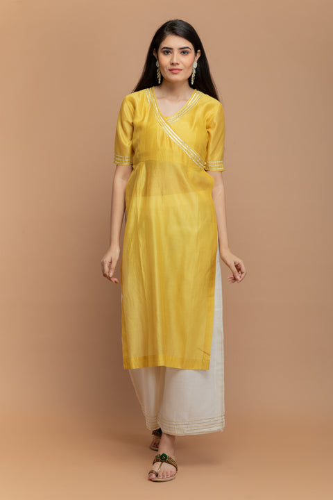 Buy Yellow High Slit Kurta & Off-White Palazzo with Gota Work in Chanderi Handloom

