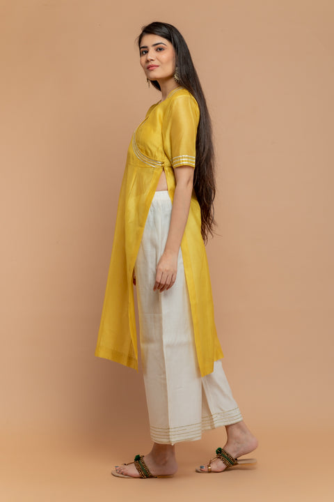 Handcraft Yellow High Slit Kurta & Off-White Palazzo with Gota Work in Chanderi Handloom

