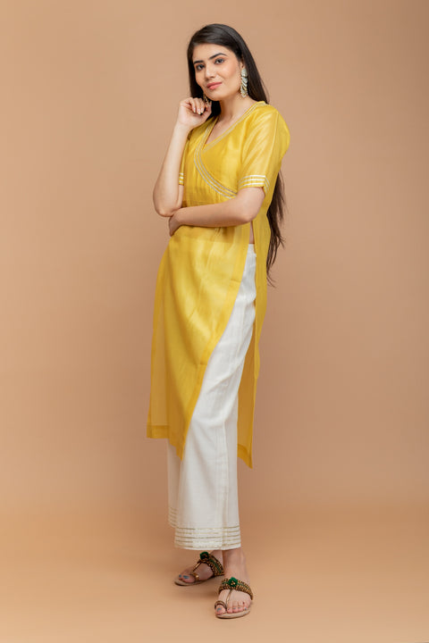 Order Yellow High Slit Kurta & Off-White Palazzo with Gota Work in Chanderi Handloom

