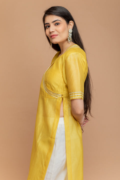 Luxury Yellow High Slit Kurta & Off-White Palazzo with Gota Work in Chanderi Handloom

