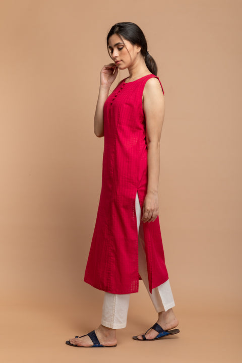 Order Hot Pink Kurta in Textured Cotton with Off-White Cotton Trousers - Set of 2 | Vinusto

