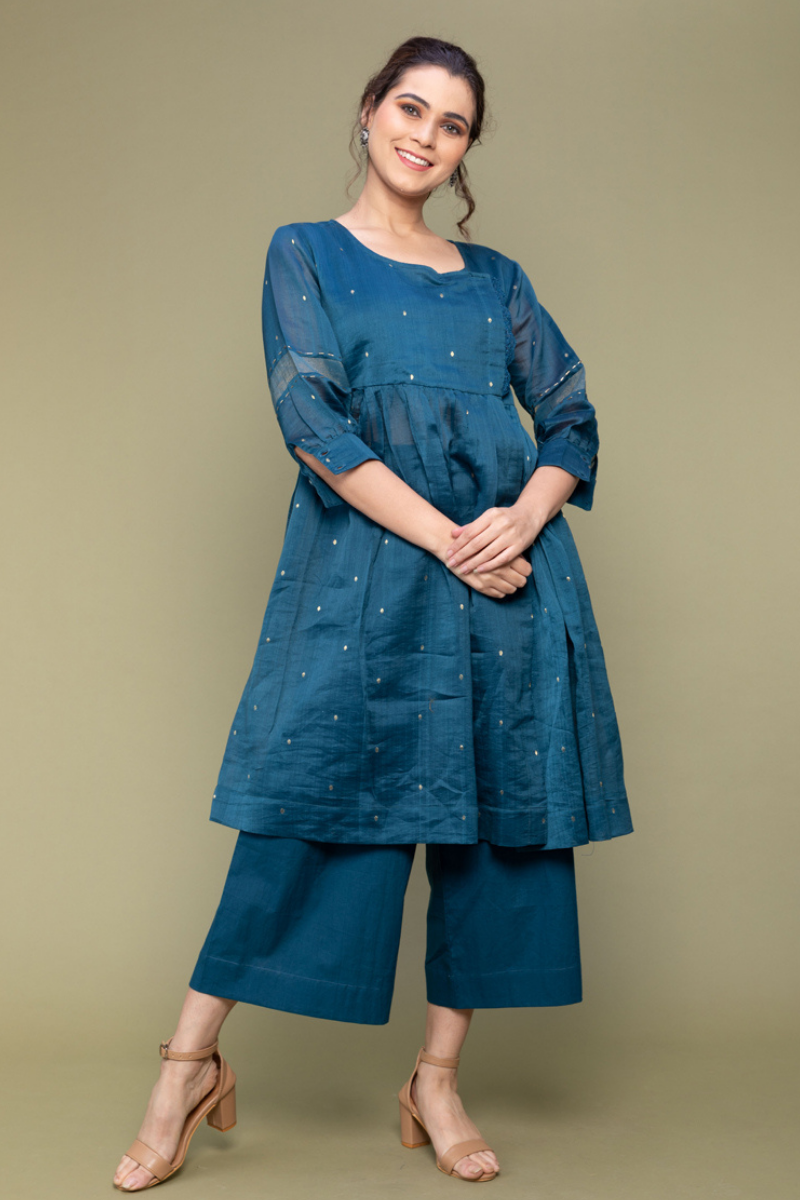 Teal Blue Chanderi Handloom Gathered Wrap Kurti with Cropped