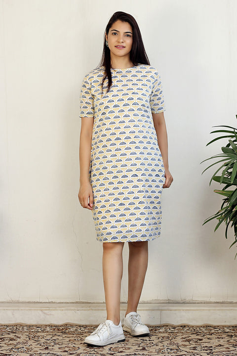 Block printed shift dress in White