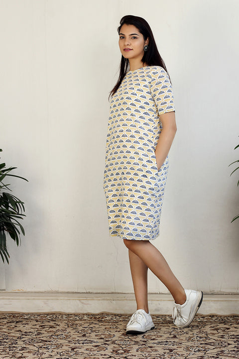 Block printed shift dress in White