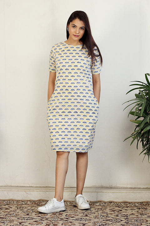 Block printed shift dress in White