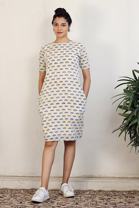 Block printed shift dress in White