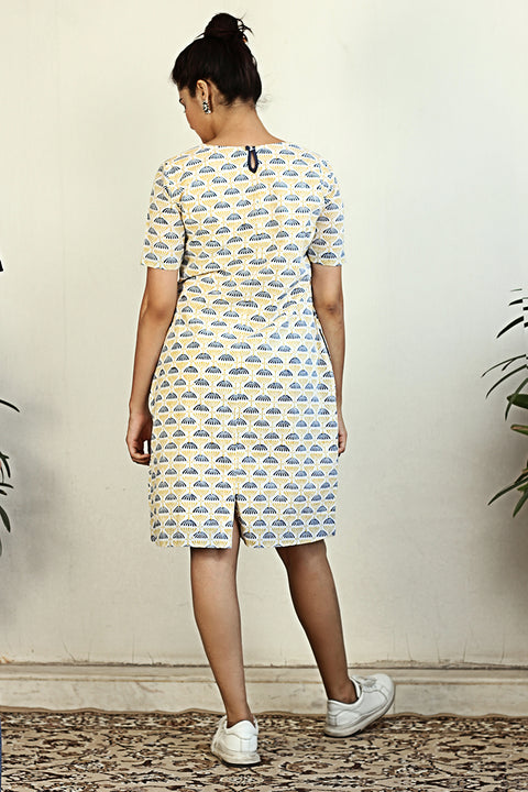 Block printed shift dress in White